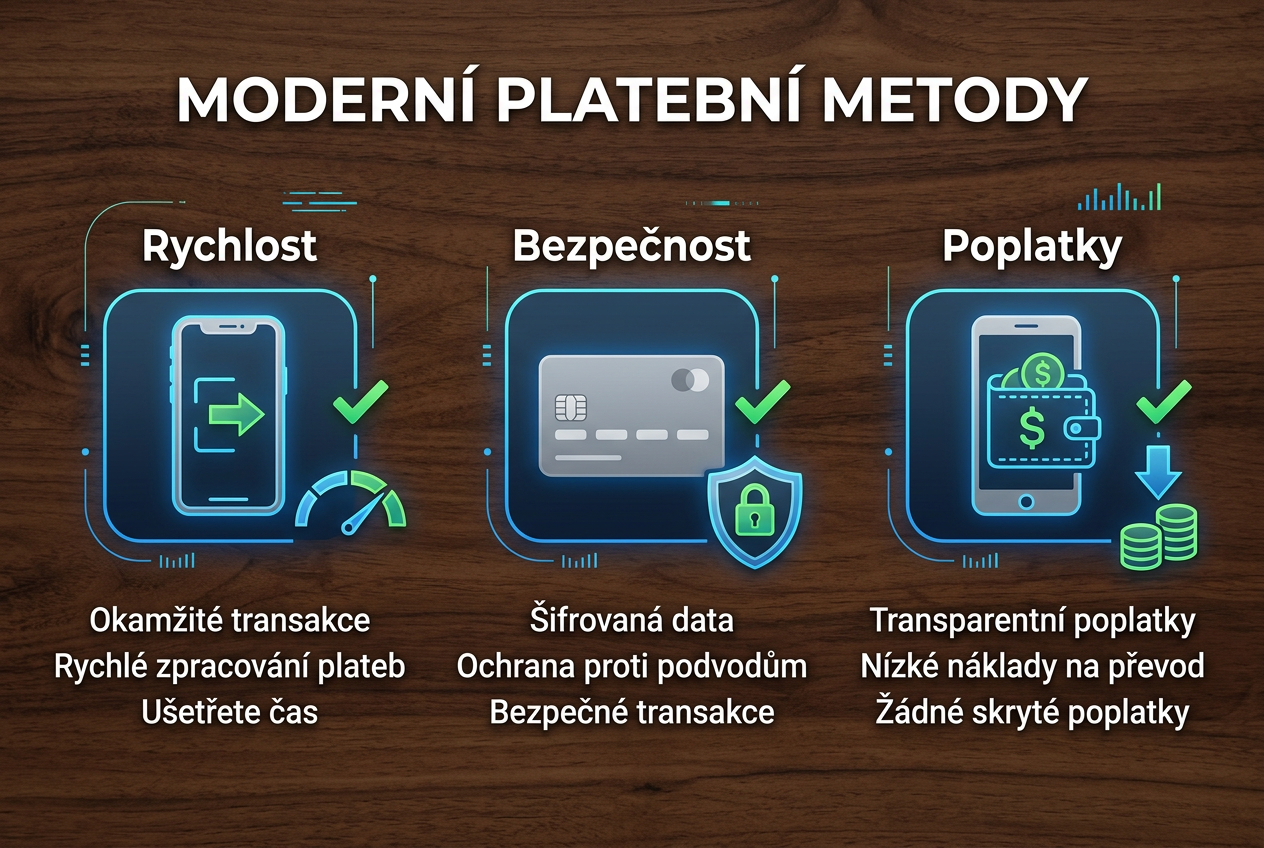 Infografika srovnávající bezpečnostní prvky a rychlost různých platebních metod