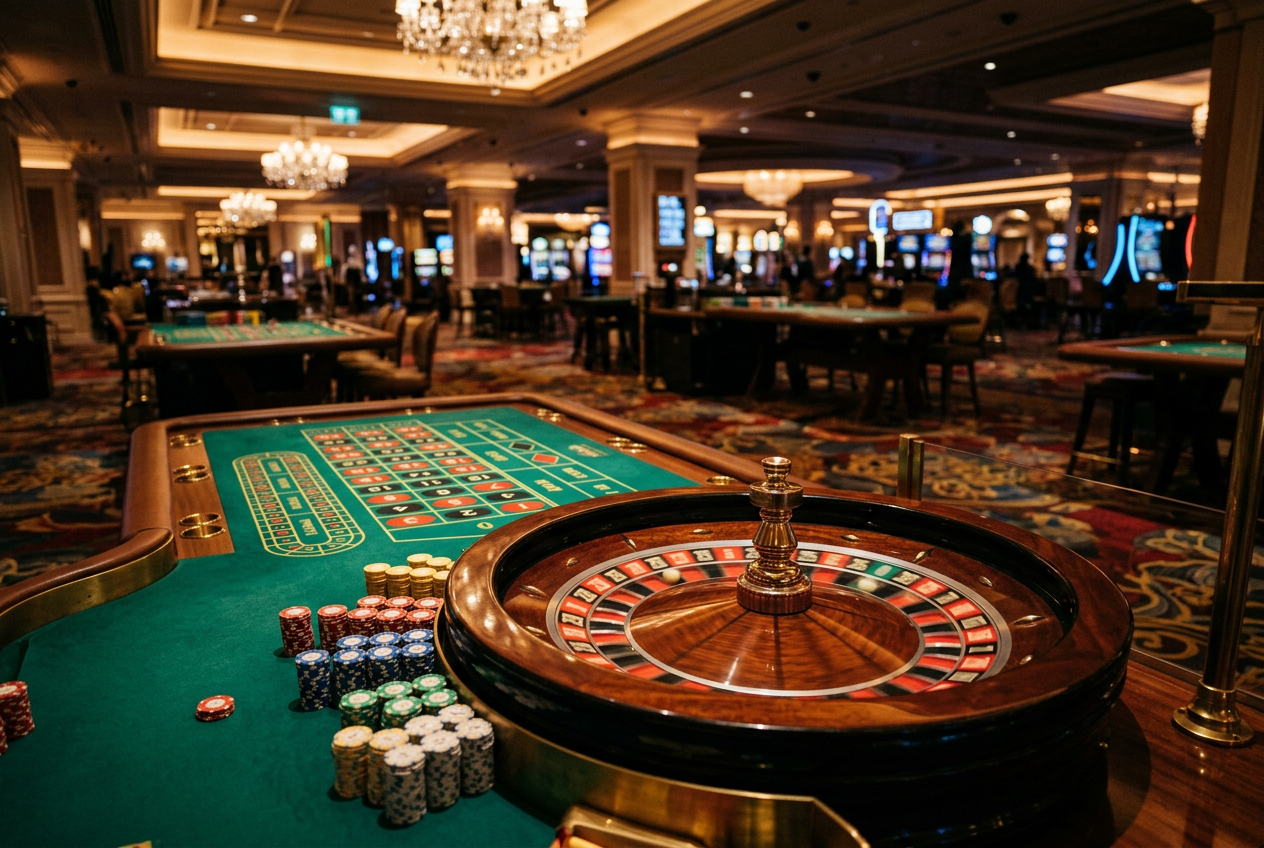 Atmosférický pohled na osvětlený stůl v luxusním casinu s ruletou a žetony