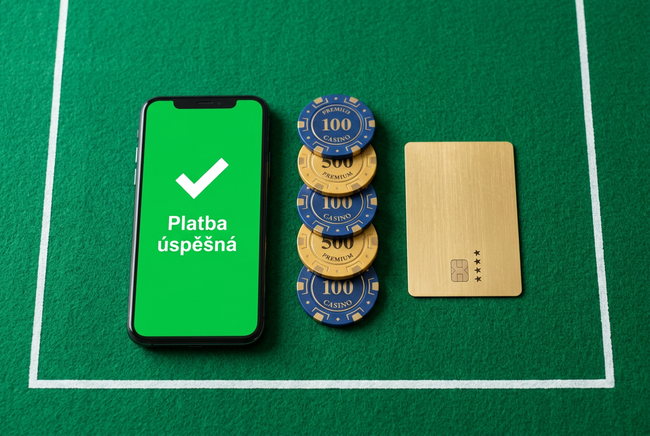 Detailní záběr na smartphone s potvrzením platby položený vedle balíčku karet na zeleném plátně
