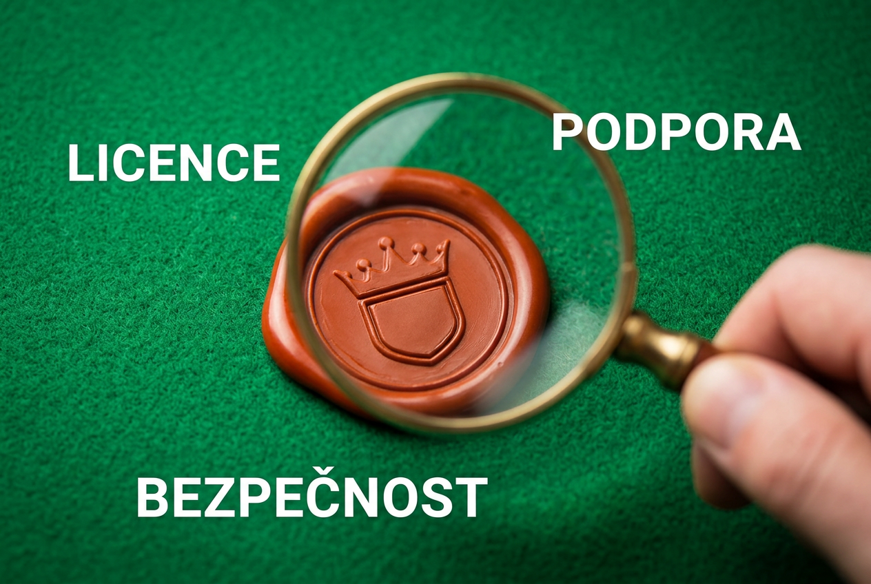 Infografika zobrazující checklist bezpečnosti s lupou nad licencí